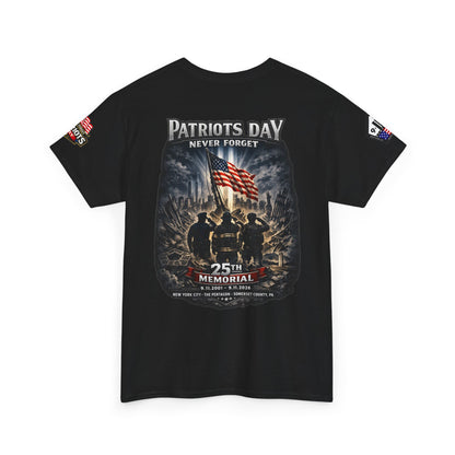 NYPD, FDNY, PAPD-NYNJ Patriots Day Memorial Tee – "Never Forget" 25th Anniversary American Flag Shirt