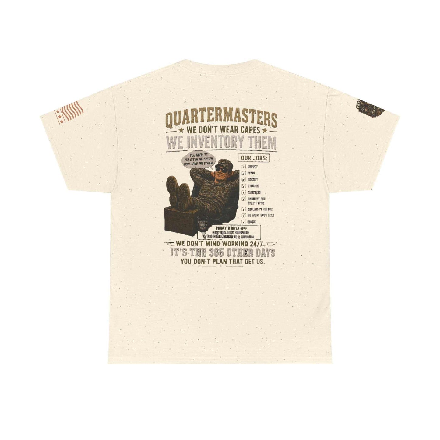 Quartermasters Graphic Tee – "We Don’t Wear Capes, We Inventory Them" Military Supply Shirt